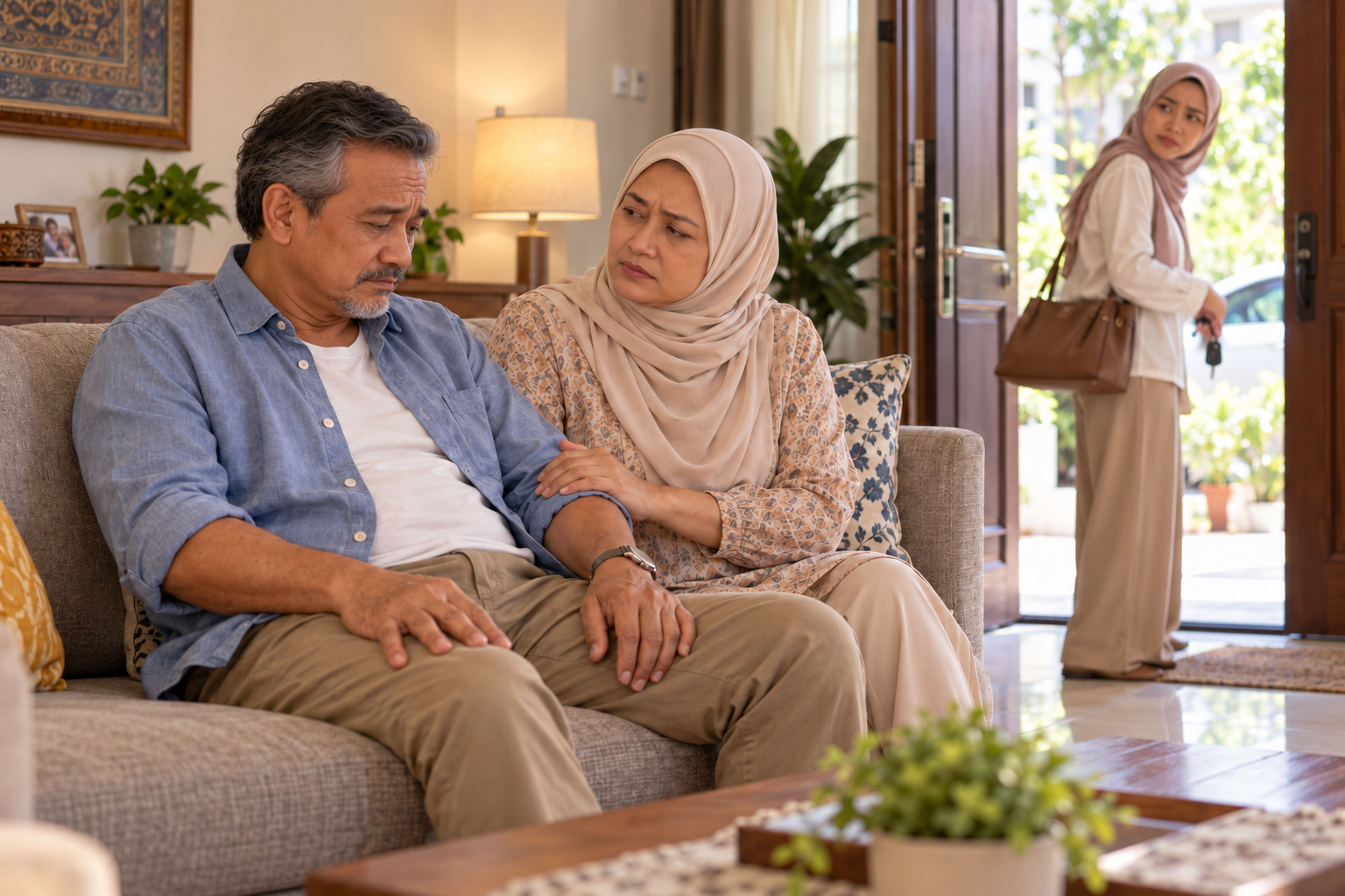 Ayah usia 50-an menunduk sedih dan kecewa kerana tidak dapat ikut anak keluar, dengan isteri menenangkan di sisinya