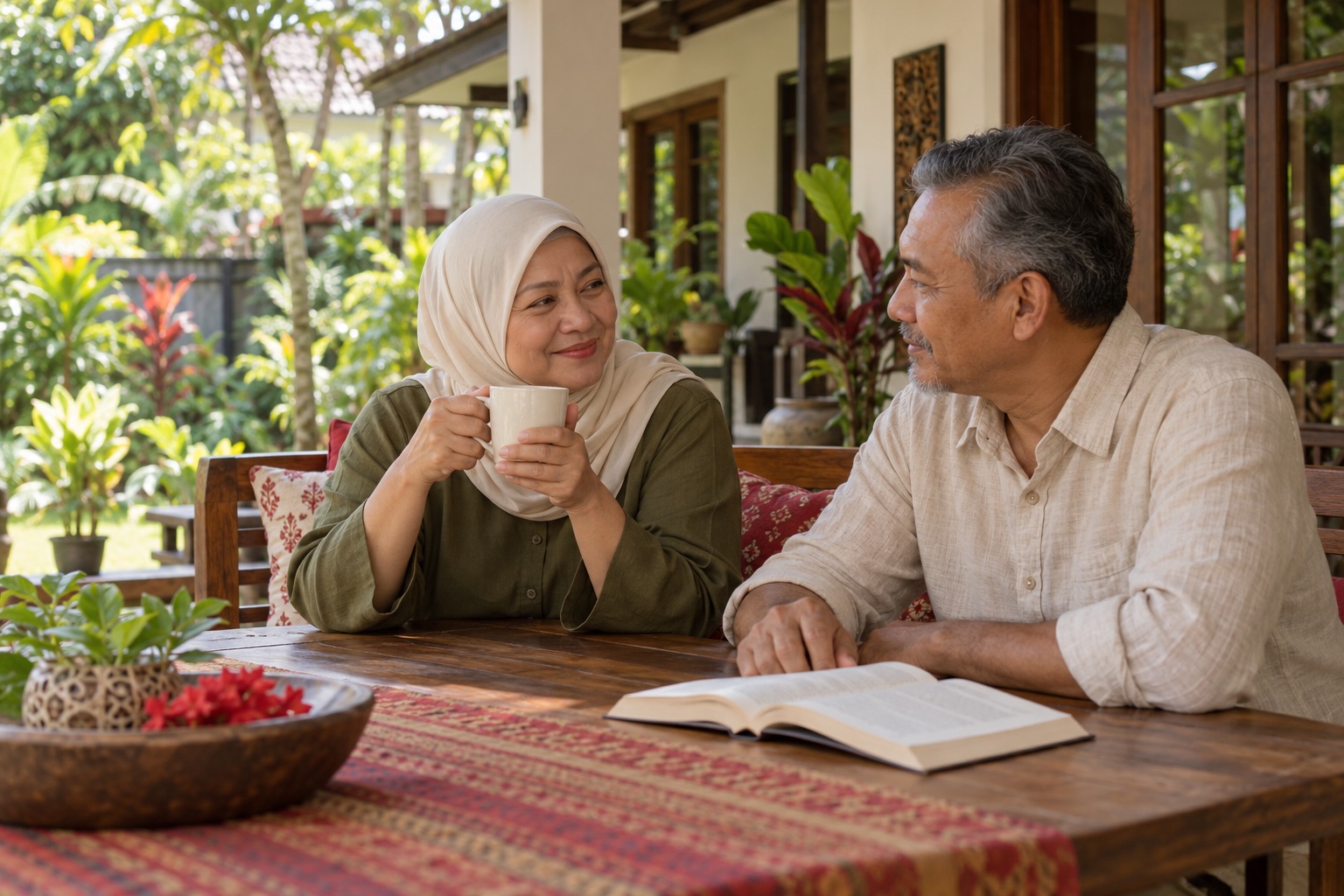 Gambaran pasangan Melayu usia 50-an menikmati waktu berbual bersama secawan kopi di beranda rumah
