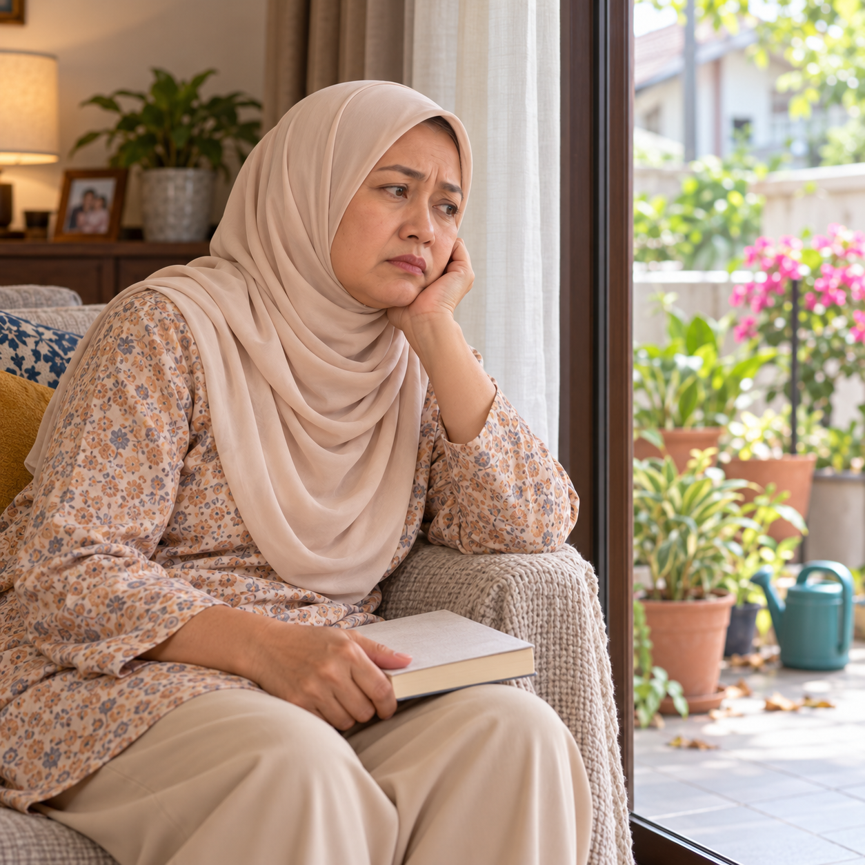 Ibu termenung sedih dengan buku belum dibaca dan pokok di luar tingkap