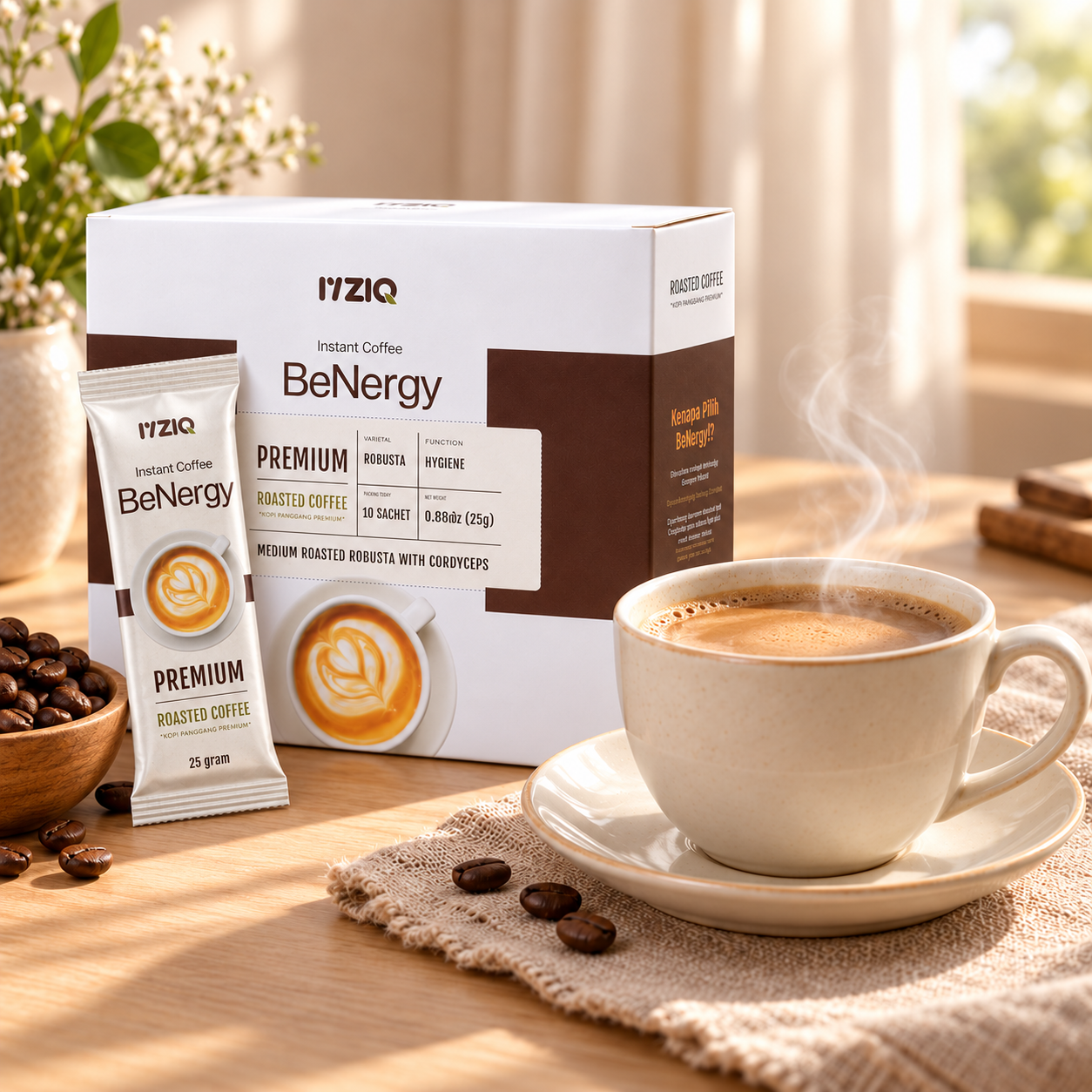 Kotak dan sachet BeNergy sebenar seperti dipaparkan pada sales page asal, bersama secawan kopi